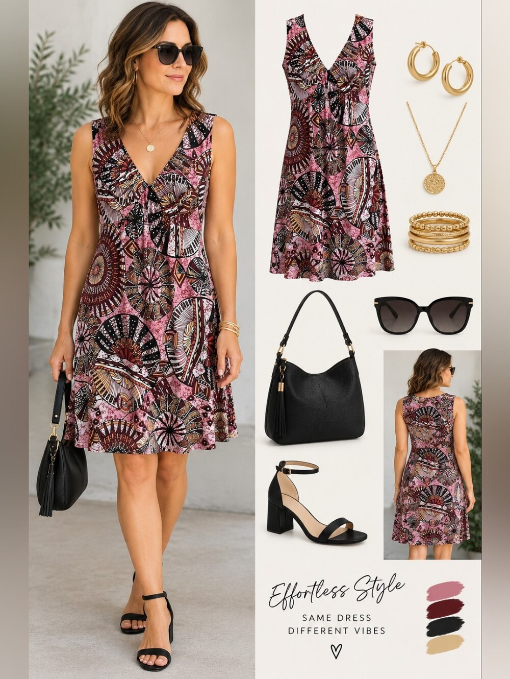 Women's Medium Sleeveless V-Neck Geometric Print Dress